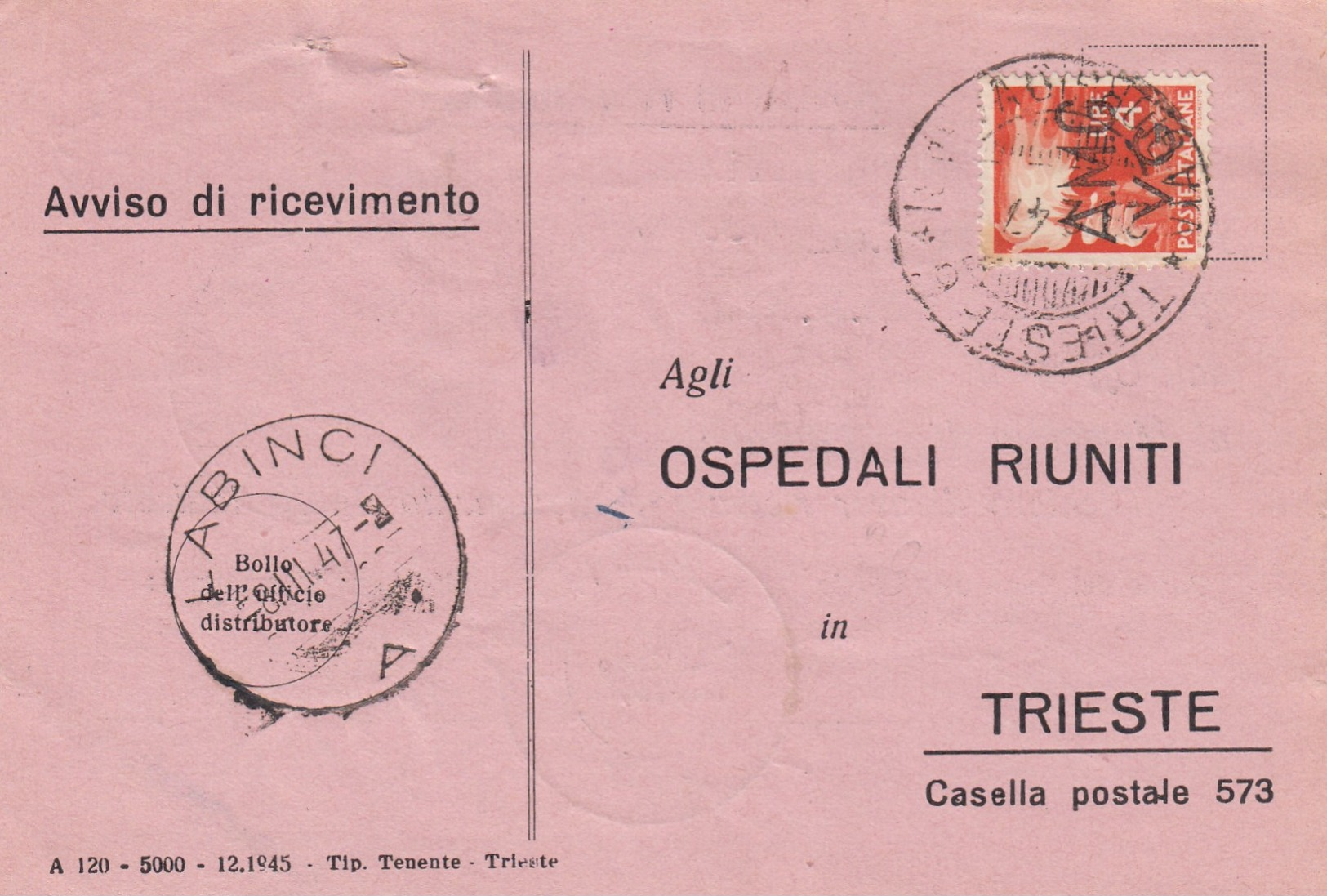 Trieste 1946 Postal Receipt Sent From Trieste (AMG VG, Zone A) To Zone B LABINCI Postmark - Marcophilia