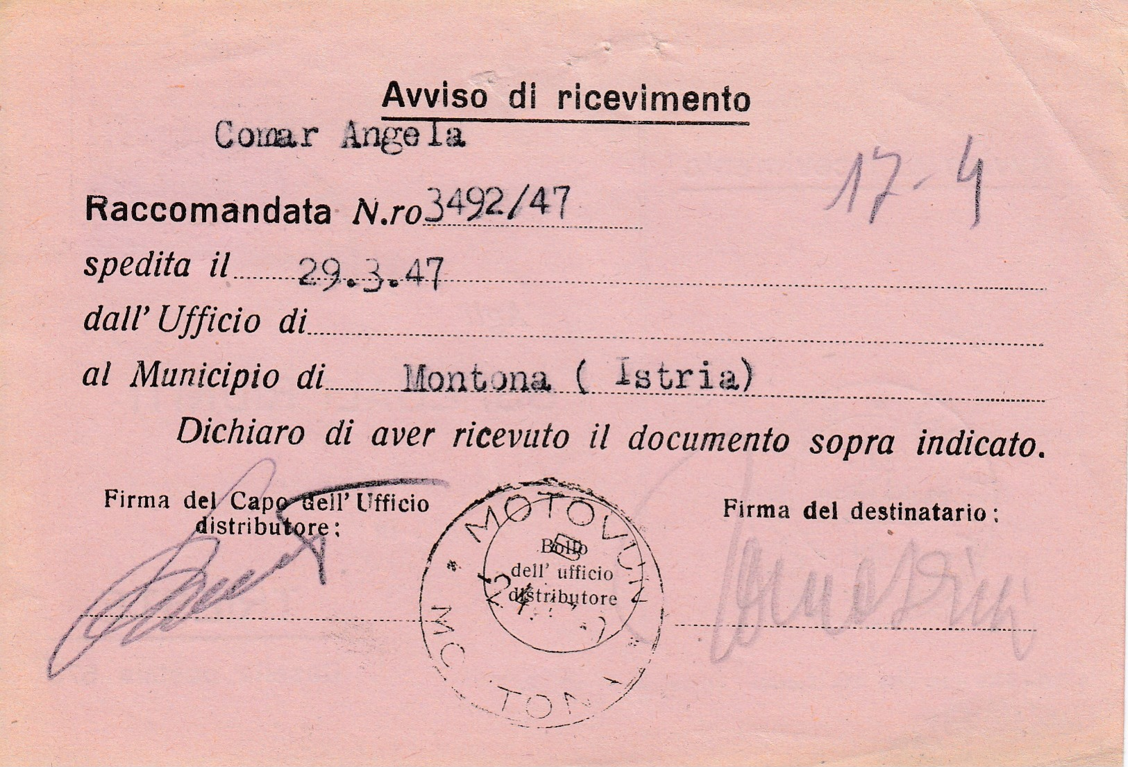 Trieste 1946 Postal Receipt Sent From Trieste (AMG VG, Zone A) To Zone B MOTOVUN - MONTONA Postmark - Marcophilia