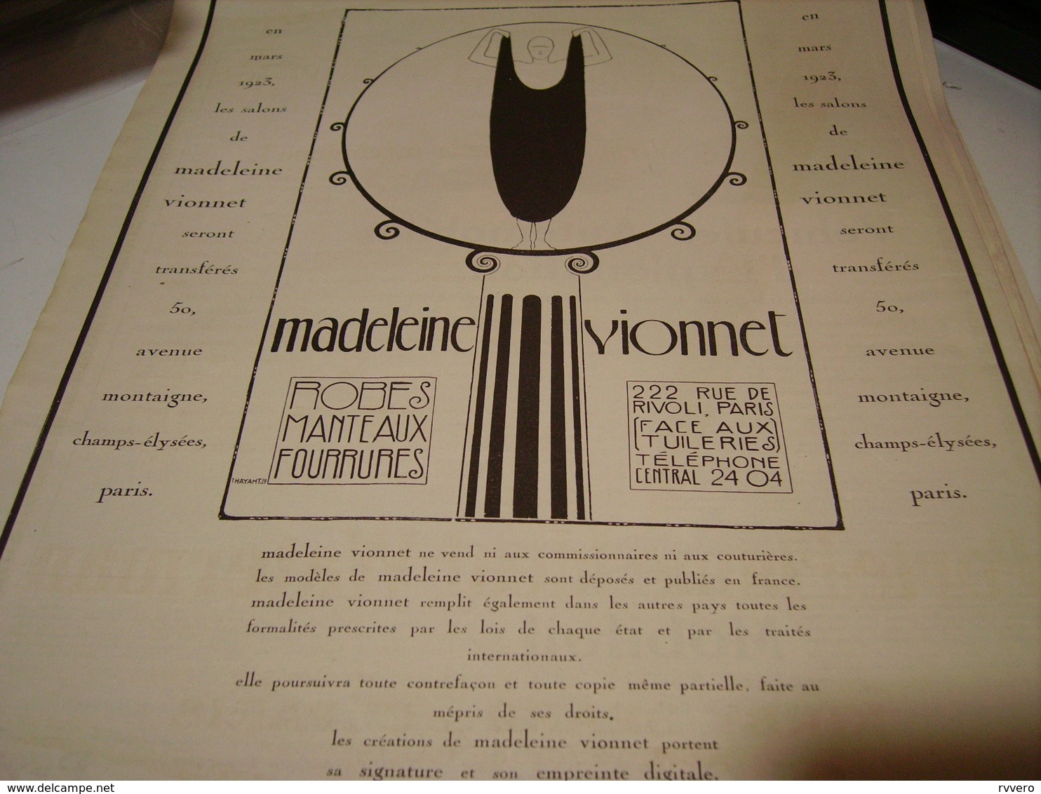 ANCIENNE PUBLICITE FOURRURE MADELEINE VIONNET 1922 - Autres & Non Classés