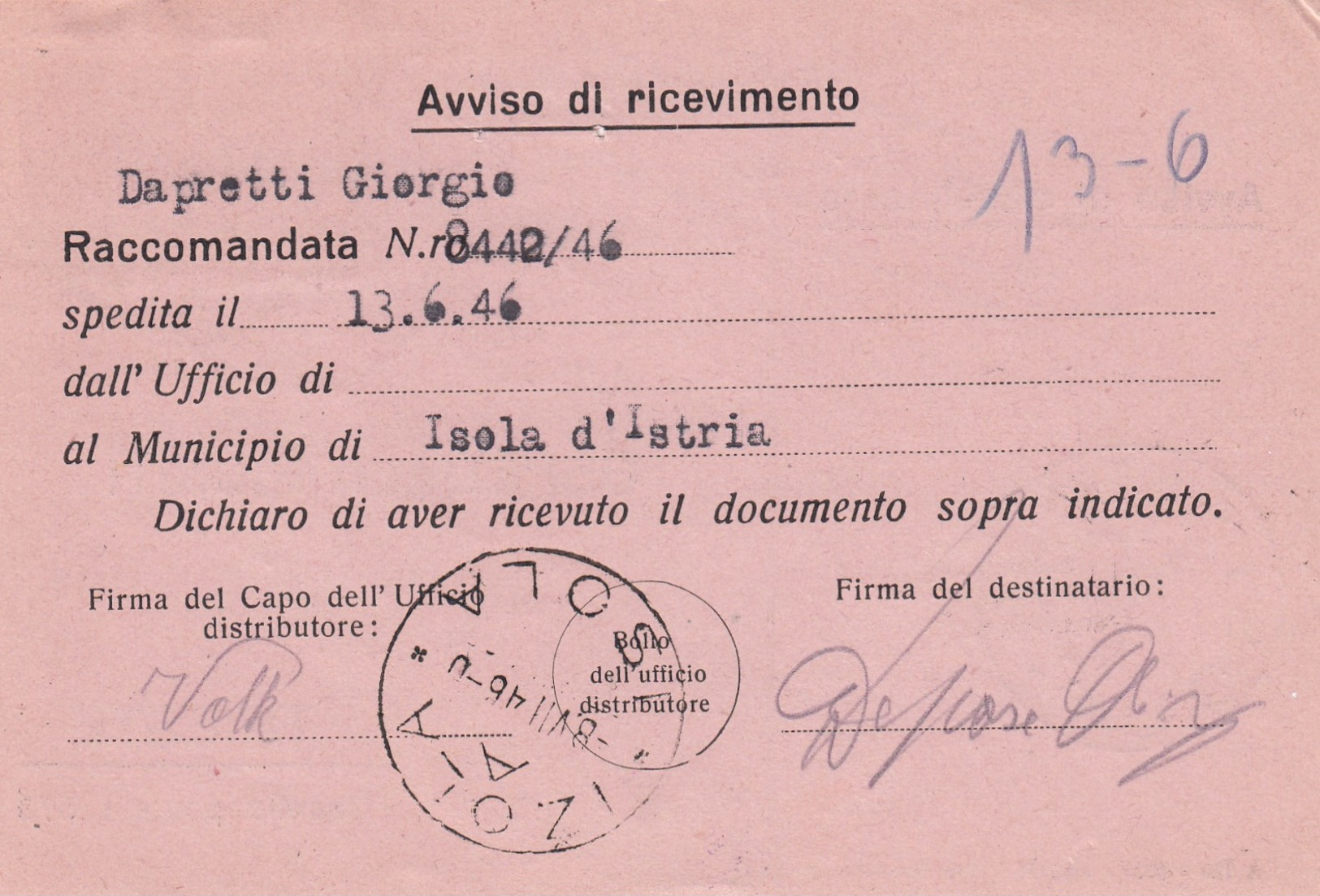 Trieste 1946 Postal Receipt Sent From Trieste (AMG VG, Zone A) To Zone B IZOLA - ISOLA Postmark, Censored - Marcofilía