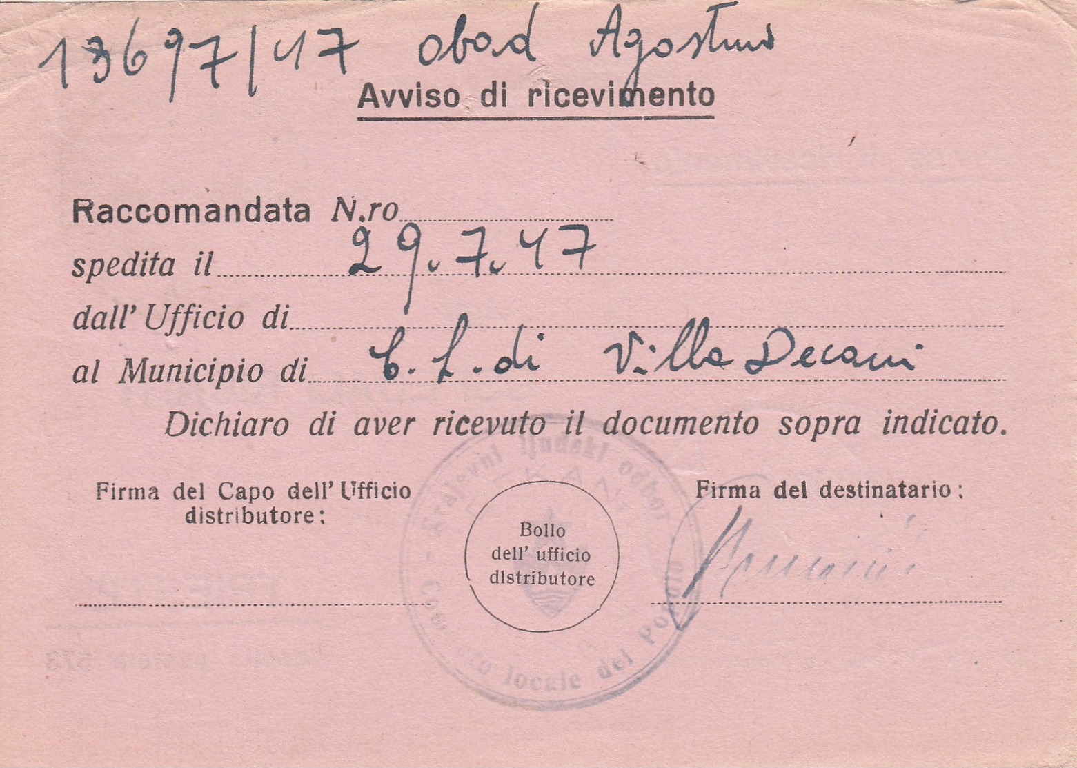 Trieste 1947 Postal Receipt Sent From Trieste (AMG VG, Zone A) To Zone B DEKANI Postmark - Marcophilia