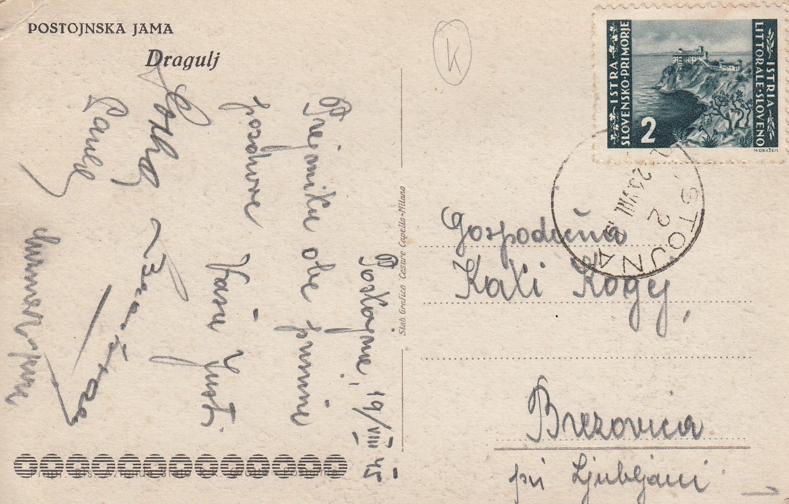 Istria 1946 Postcard With Istria And Slovenian Coast Stamp 2L, Postmark POSTOJNA - Yugoslavian Occ.: Istria