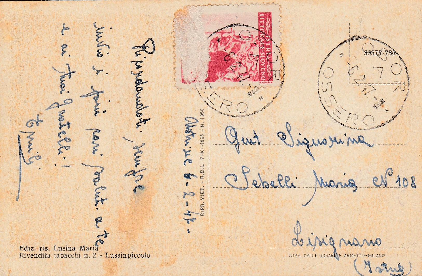 Istria 1947 Postcard With Istria And Slovenian Coast Stamp 3L,  Postmark OSOR - OSSERO - Yugoslavian Occ.: Istria
