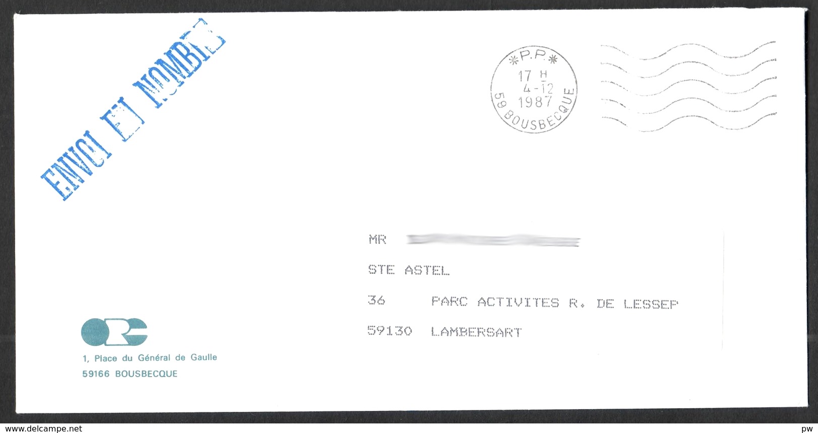 FRANCE '59 BOUSBECQUE P.P.' 1987  1  MARQUE POSTALE - 1961-....