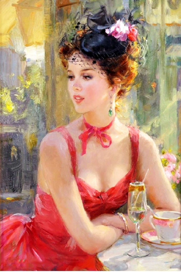 40.216 Postcard Modern Rare New Konstantin Razumov Girl In Red Dress In Cafe - People