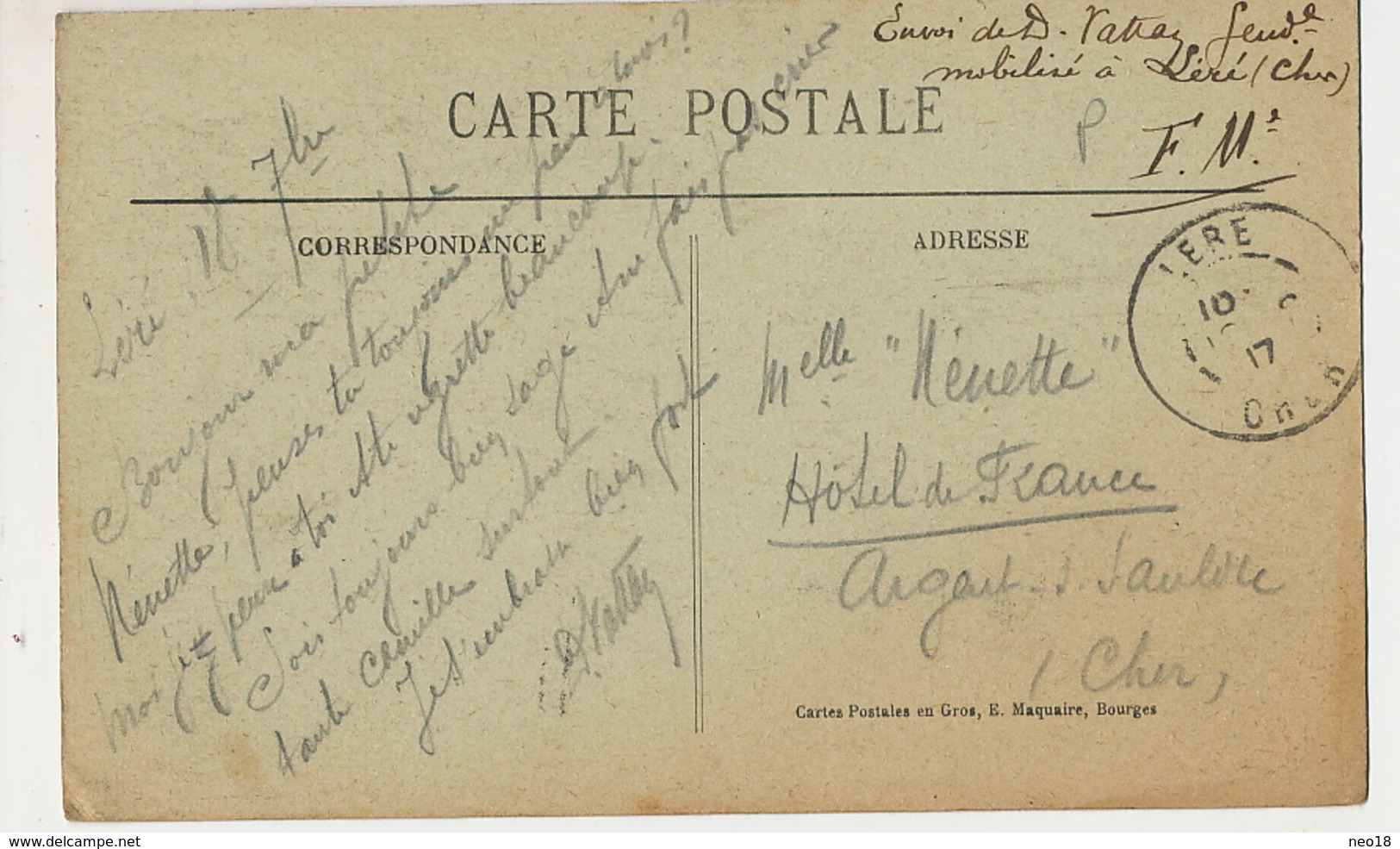 Léré Chateau Vilatte Franchise Militaire  Guerre 1914 Envoi à Nenette  Hotel De France Argent Sur Sauldre - Lere