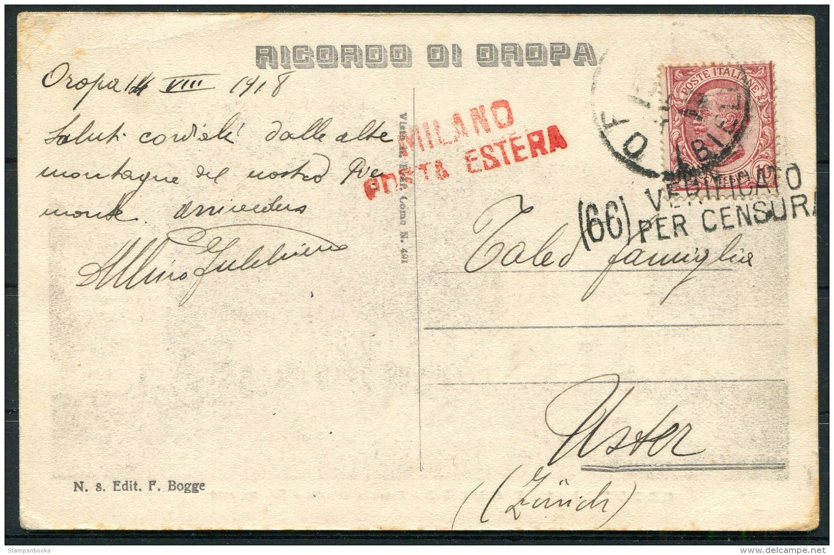 1918 Italy Santuario D'Oropa Postcard - Uster Switzerland. Milano Posta Estera, Censor - Marcophilia