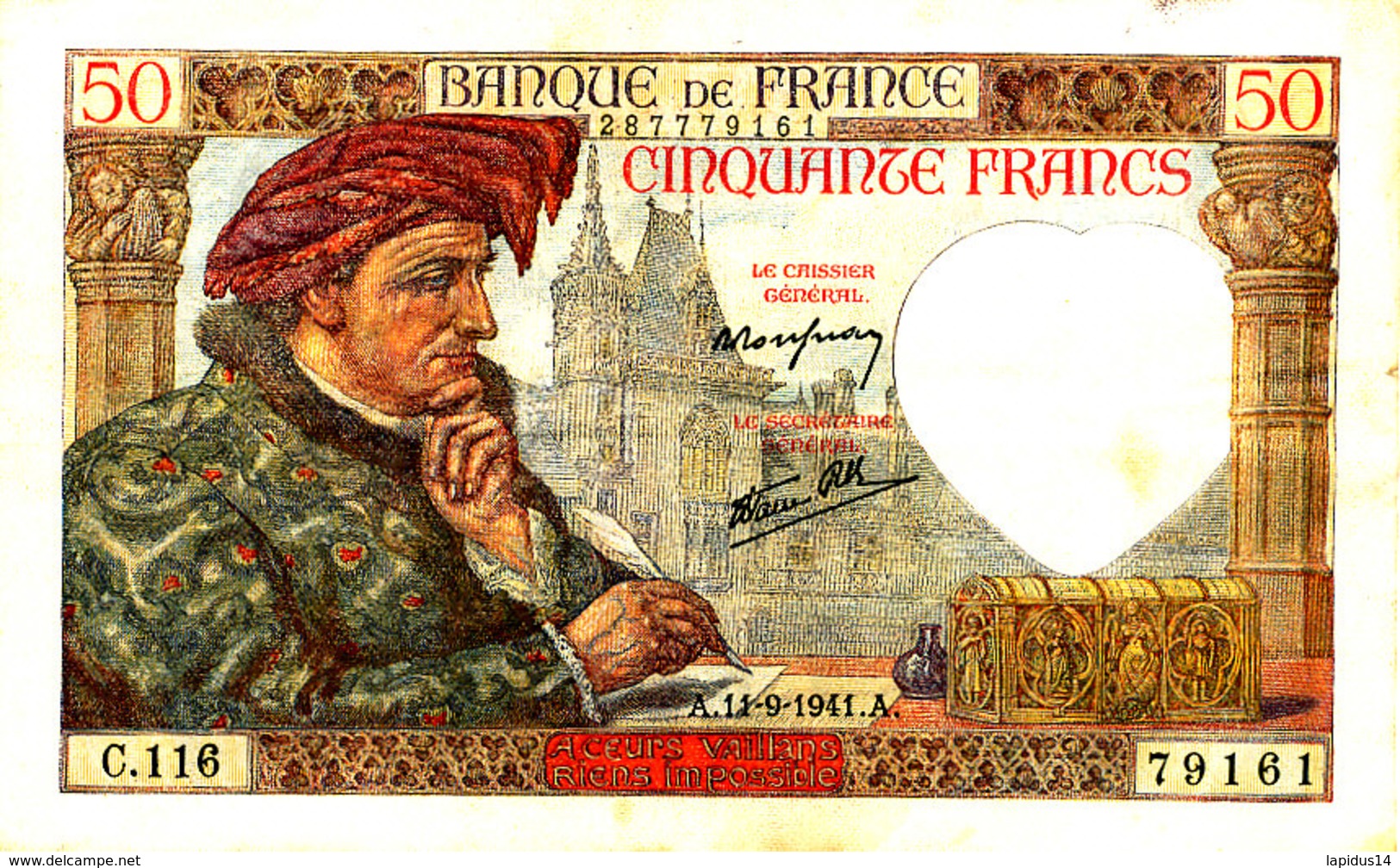 BILLET /50 FRANCS JACQUES COEUR   SUP + -11- 9-1941 - 50 F 1940-1942 ''Jacques Coeur''