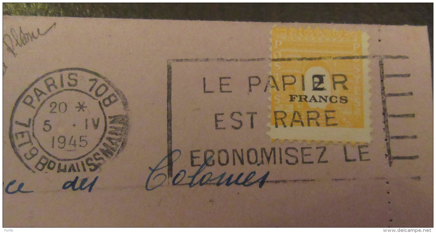 Flamme "Le Papier Est Rare, Economisez Le" Sur Carte-lettre 1945 - Timbre Arc De Triomphe YT N°709 Seul - Oblitérations Mécaniques (flammes)