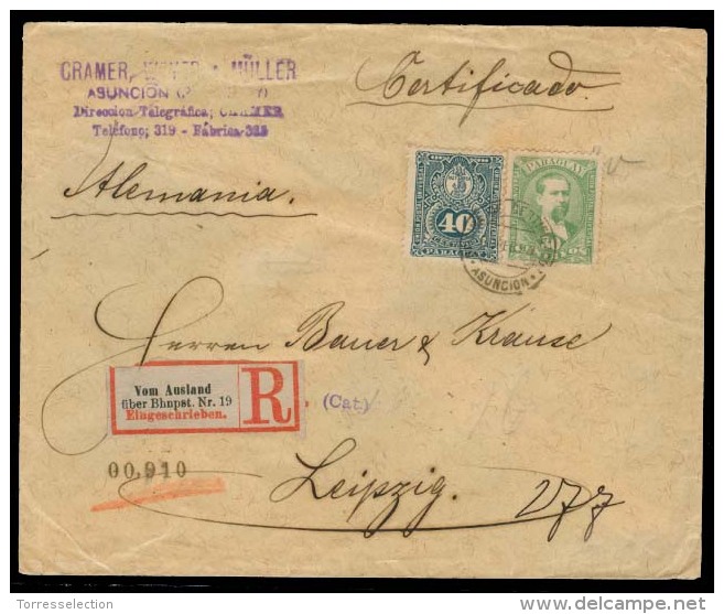 PARAGUAY. 1895. Asuncion - Germany. Reg Fkd Env 70c Rate + Mixed Issues + German R - Transit Label Train. Fine. - Paraguay