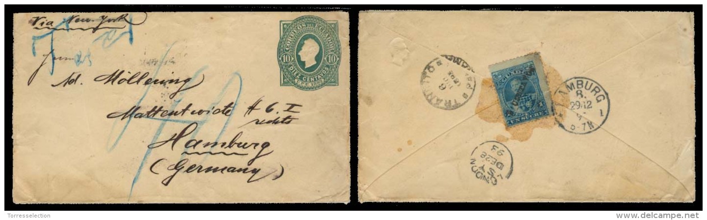 ECUADOR. 1893. Guayaquil (?) - Germany. 10c Green Stat Env + 3c Adtls Stamp Reverse Tied Arrival Cds. Via NY - London Ov - Ecuador