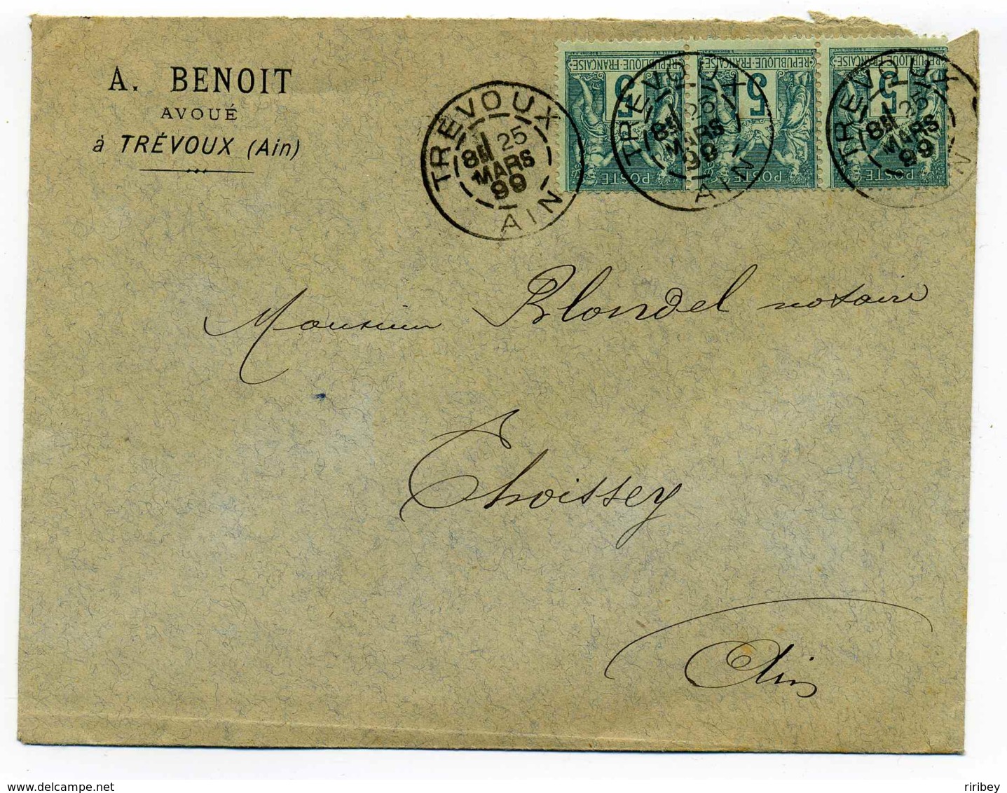 YT N°75  Bande De Trois  Sur Lettre De TRAVOUX / Dept 01 AIN / 25 Mars 1899 - 1877-1920: Periodo Semi Moderno