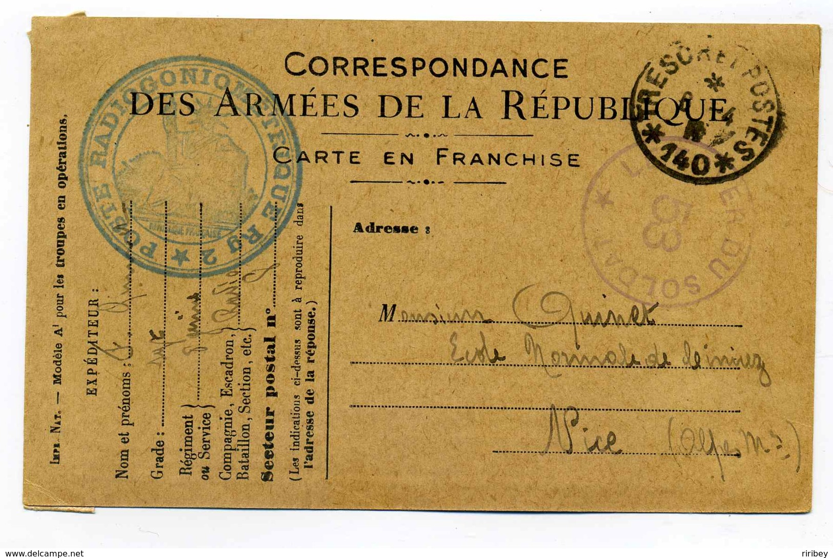Poste De Radiogoniometrique RG2 + Foyer Du Soldat N°53 / Sur Carte De Franchise WW1 - Lettres & Documents