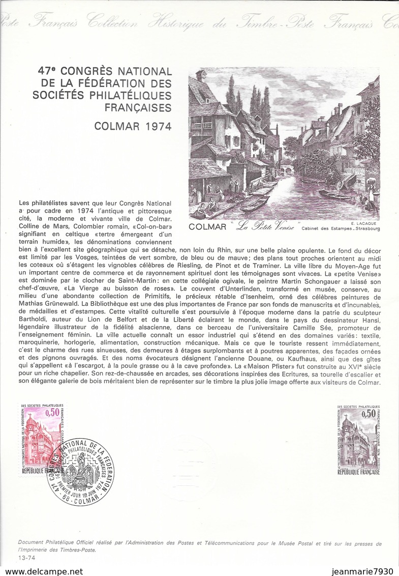 DOCUMENT OFFICIEL N° 13/74 CONGRES PHILATELIQUE - COTE 2009 = 8.00 € - Postdokumente