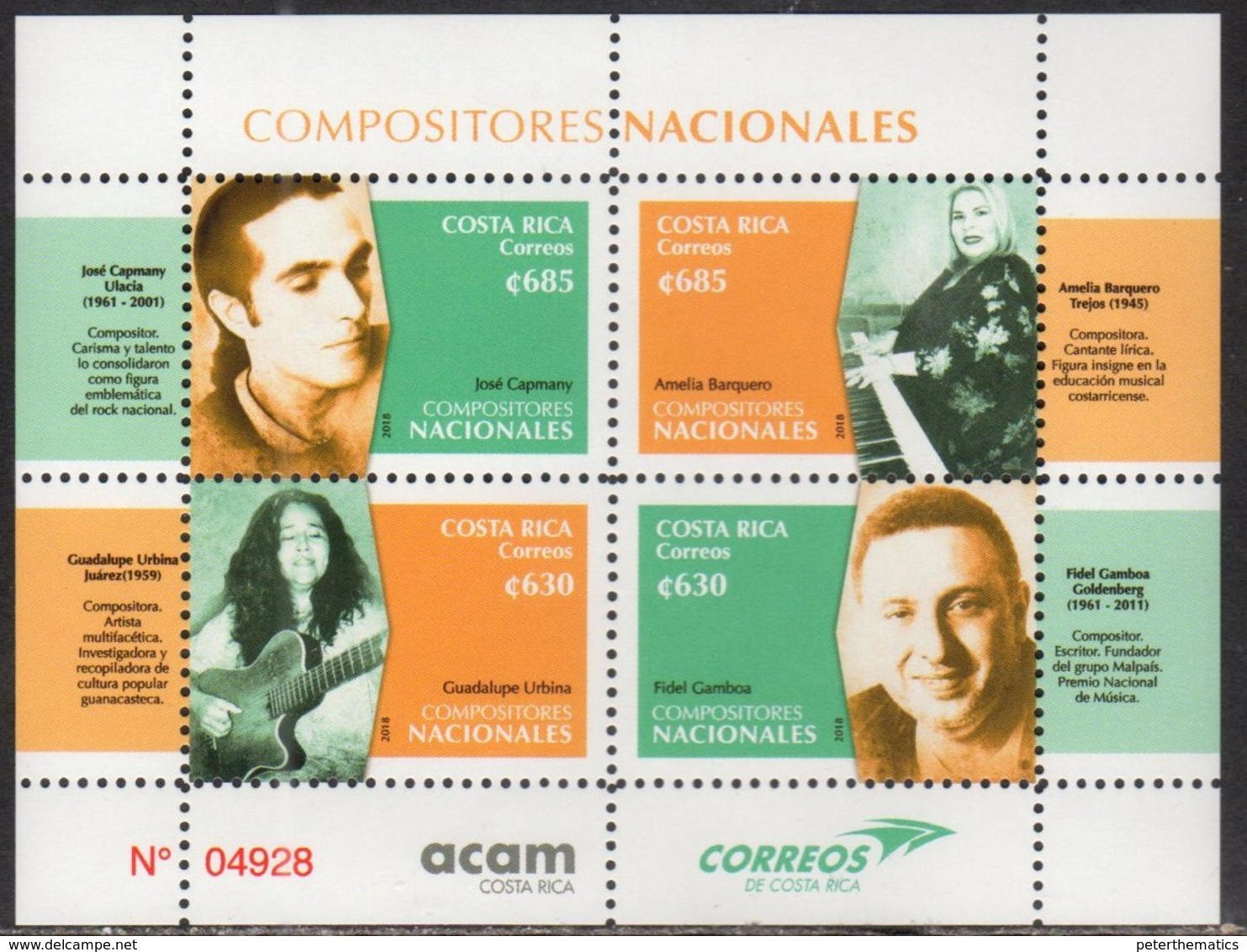 COSTA RICA, 2018, MNH, MUSIC, NATIONAL COMPOSERS, PIANO, GUITARS,  SHEETLET - Music