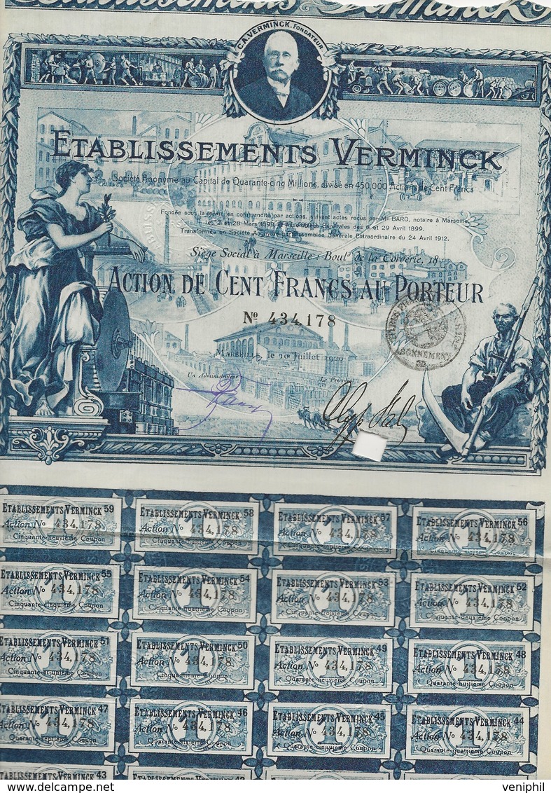 ETABLISSEMENTS VERMINCK - ACTION ILLUSTREE DE 100 FRS (BLEUE) ANNEE 1920 - Autres & Non Classés