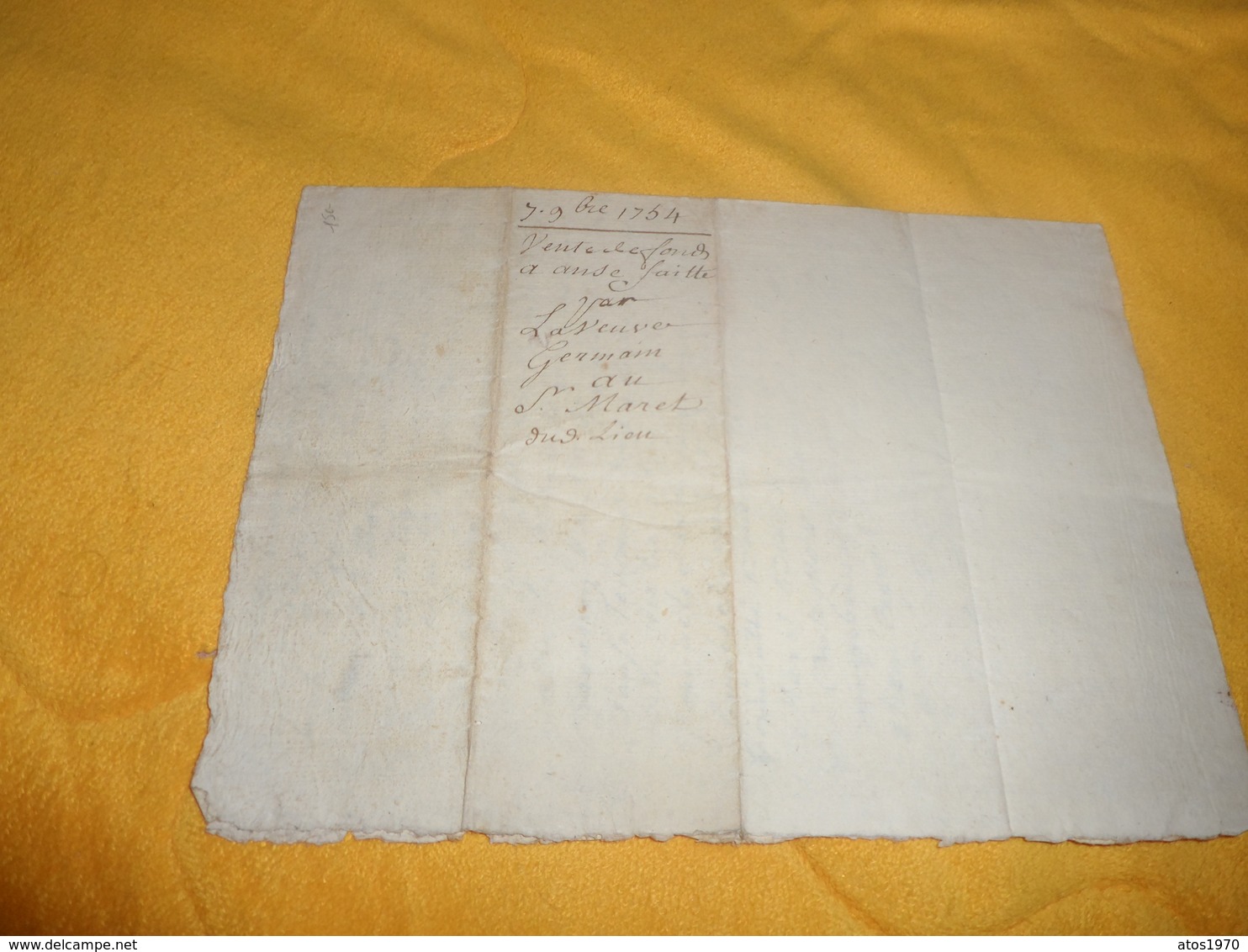 DOCUMENT MANUSCRIT ANCIEN DE 1754. / VENTE. / CACHET DE GENERALITE DE LYON 1 SOL 8 DENIERS../ 2 PAGES ECRITE A IDENTIFIE - Manuscripten