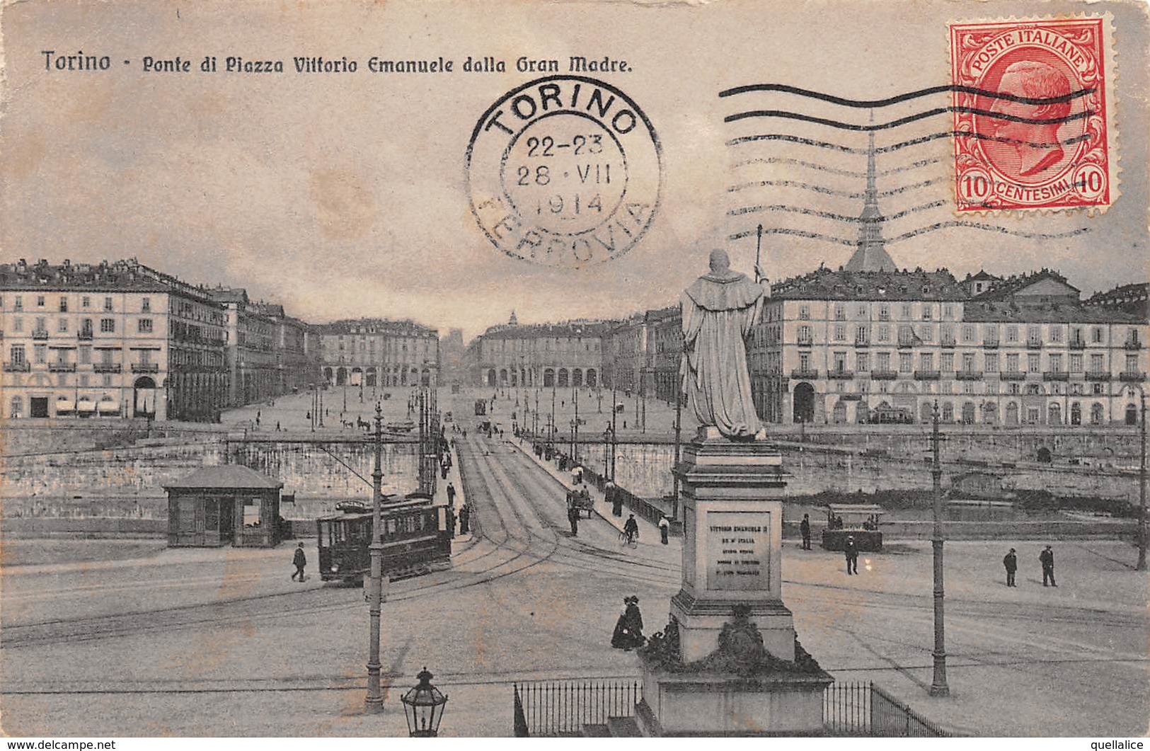 0555 "TORINO - PONTE DI PIAZZA VITTORIO EMANUELE DALLA GRAN MADRE" ANIMATA, TRAMWAY. CART SPED 1914 - Places & Squares