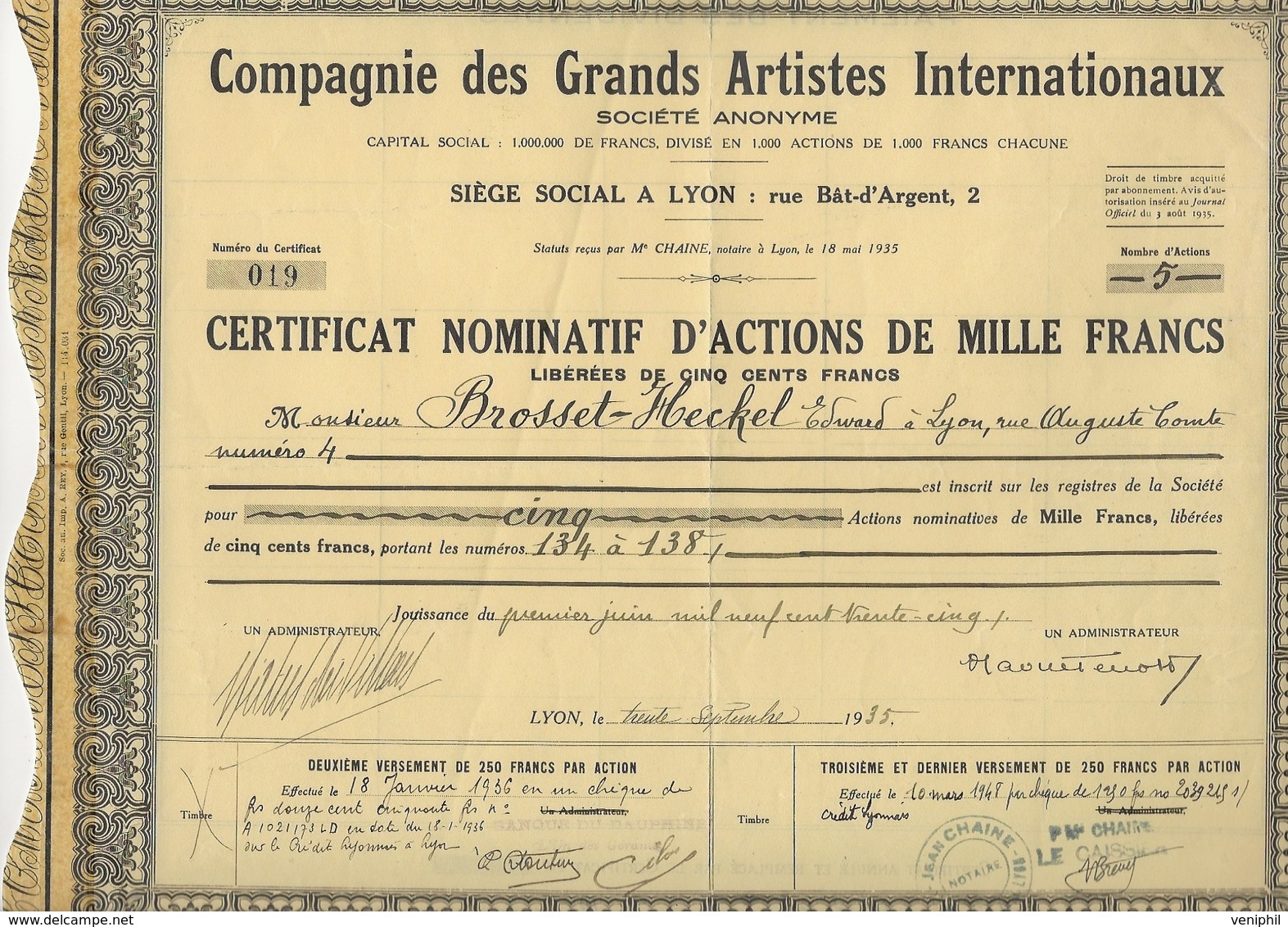 CERTIFICAT NOMINATIF D'ACTIOND DE 1000 FRS - COMPAGNIE DES GRANDS ARTISTES INTERNATIONAUX -LYON - 1935 - Autres & Non Classés