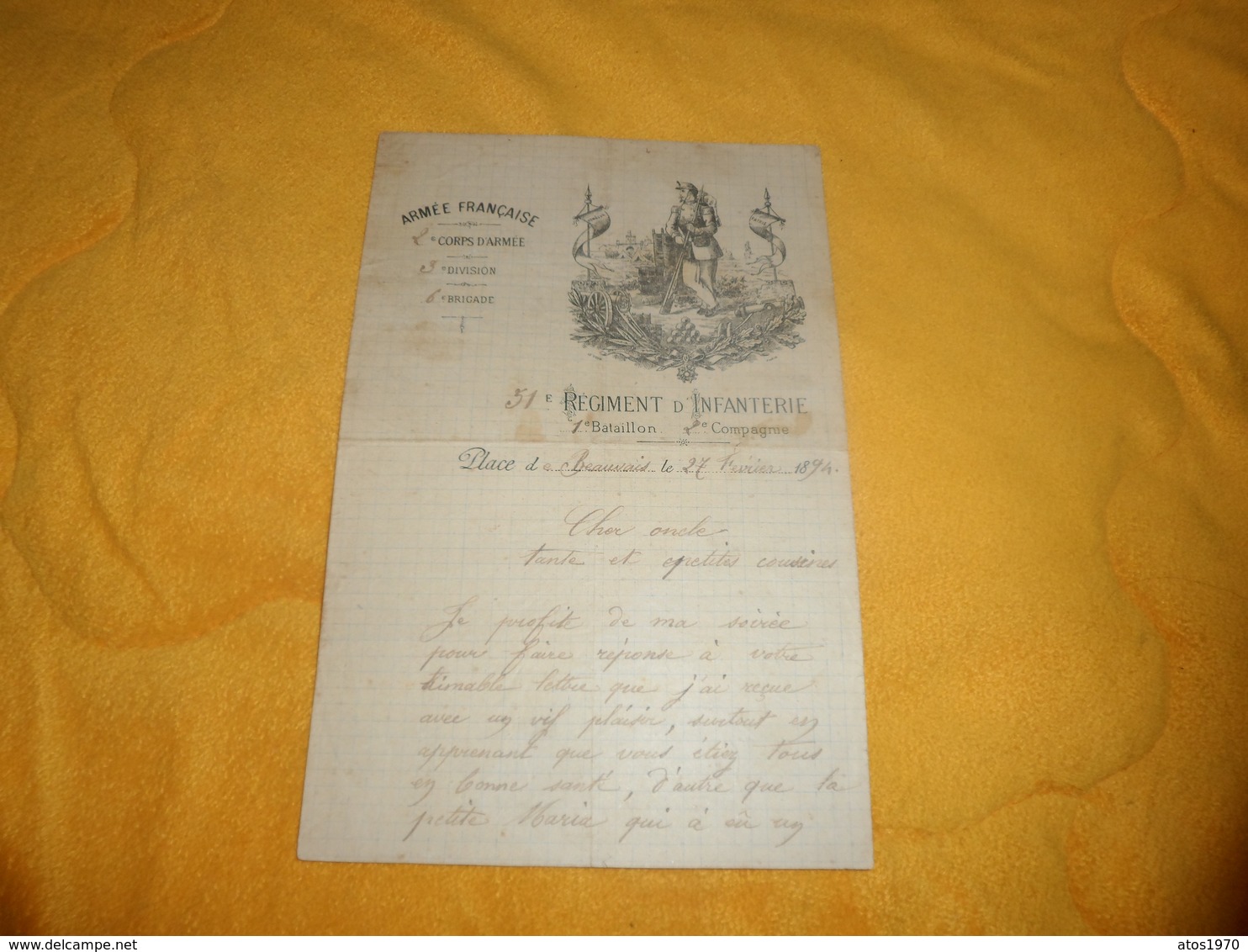 LETTRE ANCIENNE DE 1894. / ARMEE FRANCAISE 2e CORPS D'ARMEE, 3e DIVISION, 6e BRIGADE. / 51e REGIMENT D'INFANTERIE 1er BA - Documents