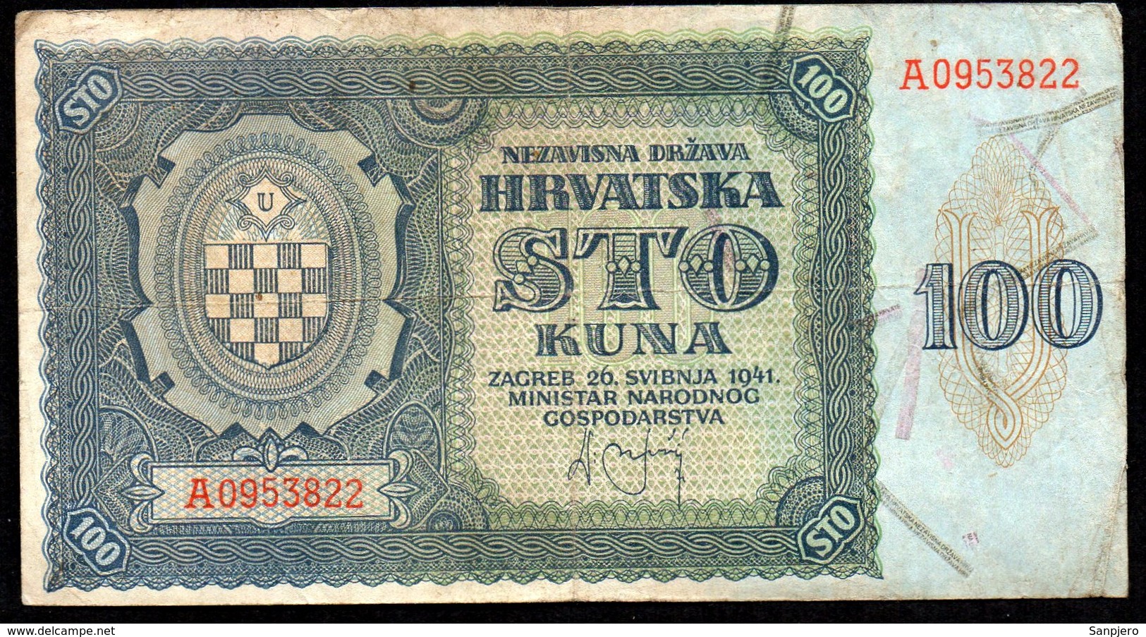 CROATIA NDH 1941. 100 Kuna / WAR BANKNOTE - Croatie