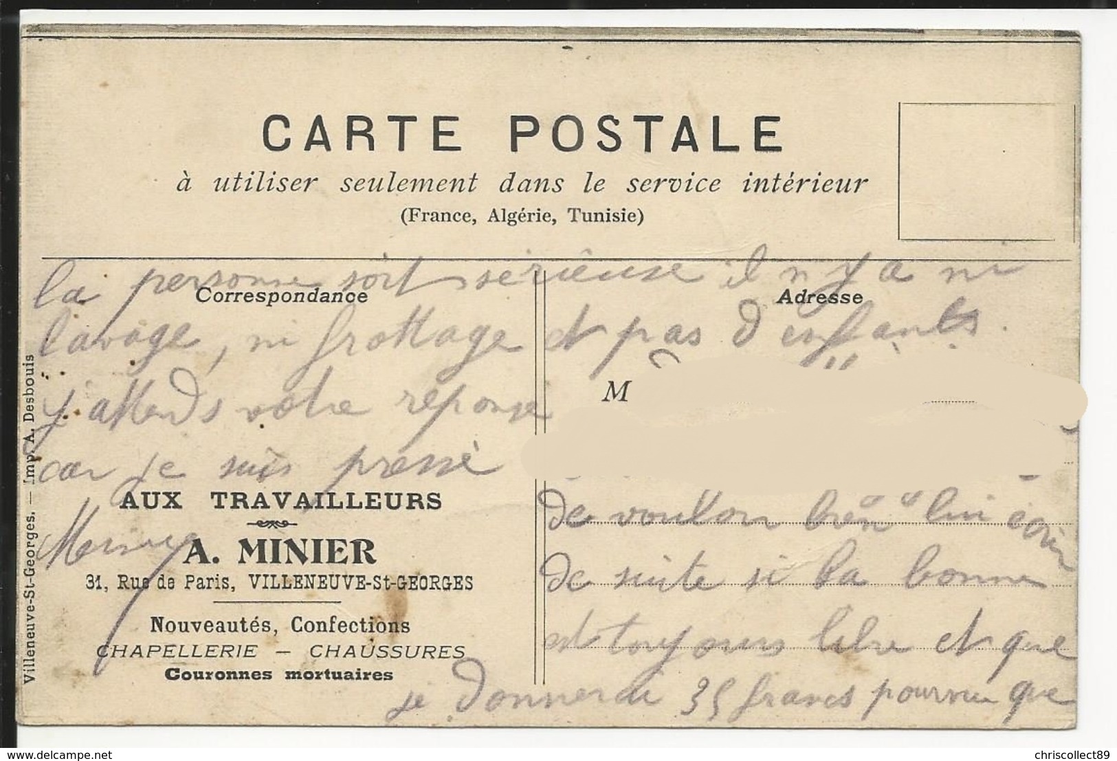 Carte Postale Villeneuve  Saint Georges - Magasin  Confection Aux Travailleurs - A - Minier - Villeneuve Saint Georges