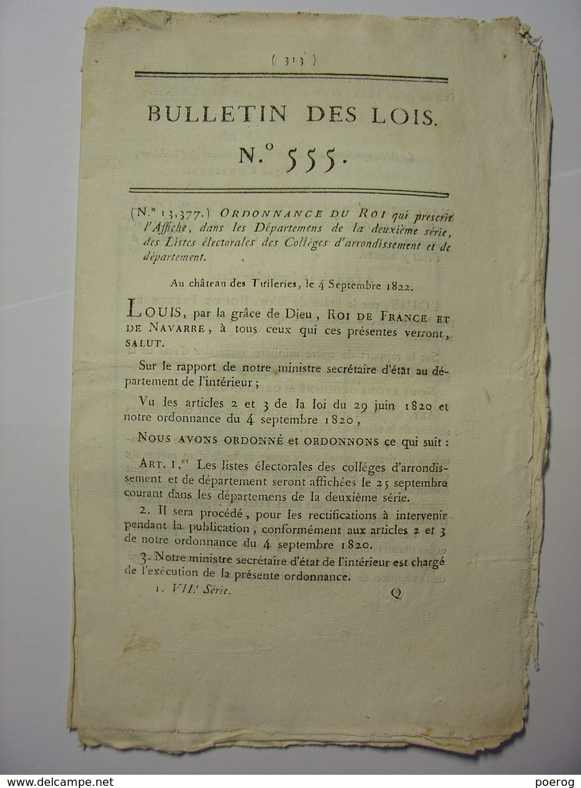 BULLETIN DES LOIS N°555 Du 17 SEPTEMBRE 1822 - REPARTITION PAR CORPS DES SOLDATS DE LA CLASSE DE 1821 - Wetten & Decreten