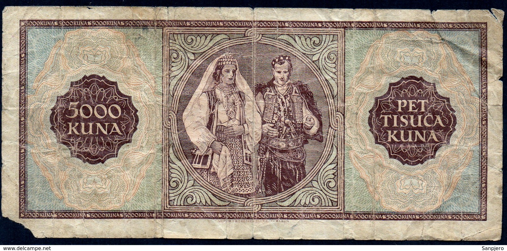 CROATIA NDH 1943. 5.000 Kuna / WAR BANKNOTE - Croazia