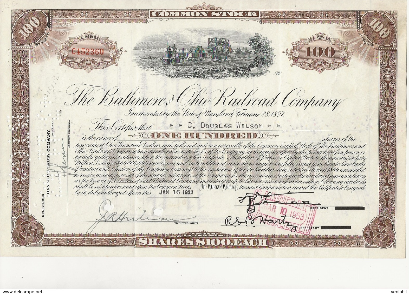 ETATS UNIS - CERTIFICAT THE BALTIMORE AND OHIO RAILROAD COMPANY - 1953 - Chemin De Fer & Tramway