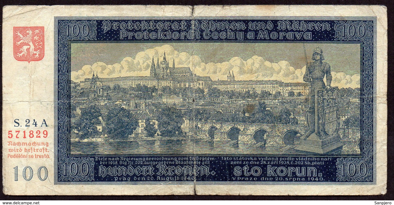 BOHEME ET MORAVIE 1940. 100 KORUN / WAR BANKNOTE - Tchécoslovaquie