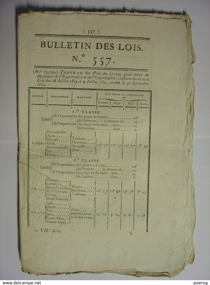 BULLETIN DES LOIS De 1822 - INTENDANCE MILITAIRE - PRIX DES GRAINS - MOUTONS MERINOS ET METIS - IMPORTATION COLONIES - Wetten & Decreten