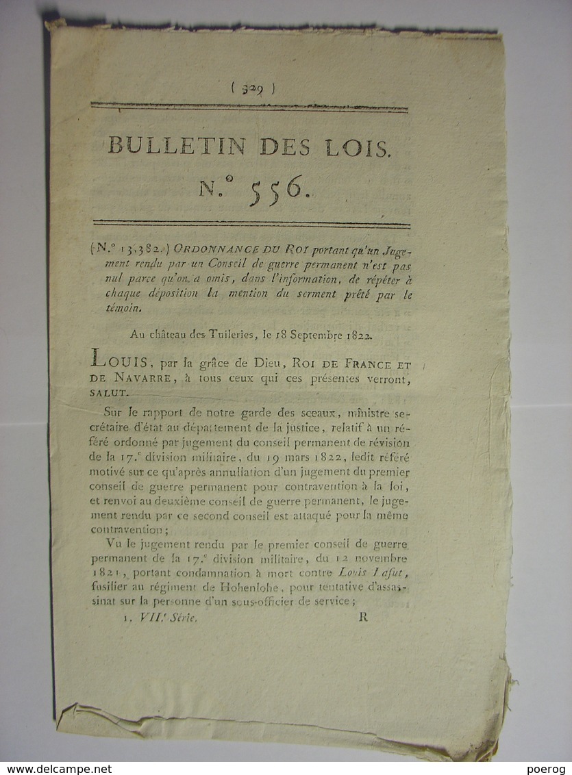 BULLETIN DES LOIS De SEPTEMBRE 1822 - PROCEDURE POUR LES JUGEMENTS DU CONSEIL DE GUERRE - LEGS - Decrees & Laws