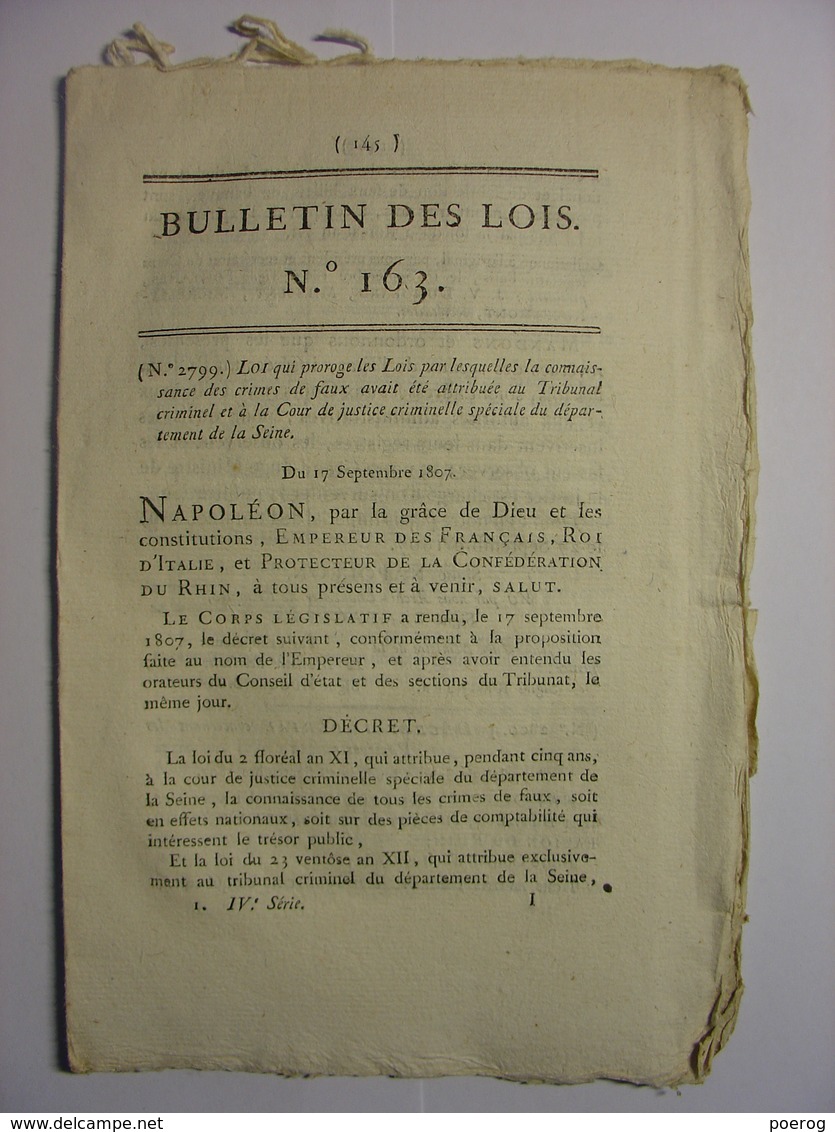 BULLETIN DES LOIS De 1807 - ORGANISATION COUR DES COMPTES - PASSEPORTS CRIMES DE FAUX ENFANTS ABANDONNES ITALIE JUSTICE - Decrees & Laws