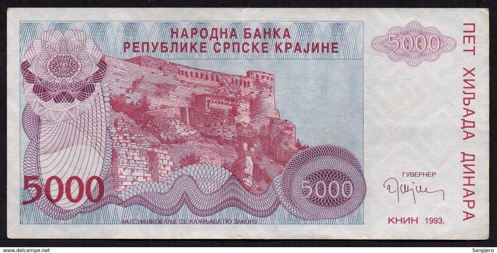 CROATIA OCUPATION 1993. SRPSKA KRAJINA 5.000 Dinara - Croatie