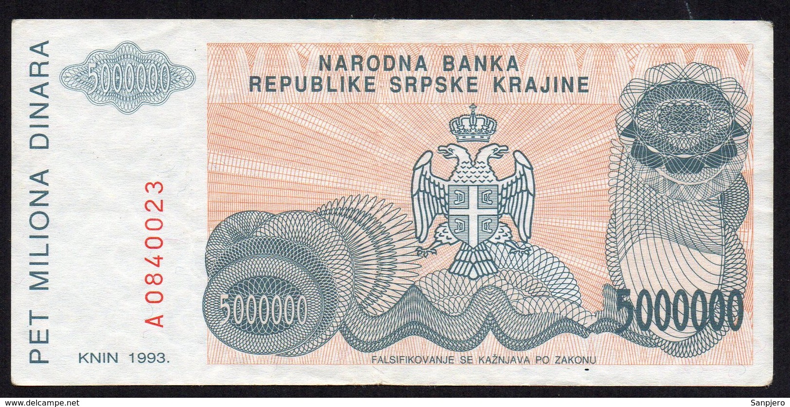 CROATIA OCUPATION 1993. SRPSKA KRAJINA 5.000.000 Dinara - Croatia