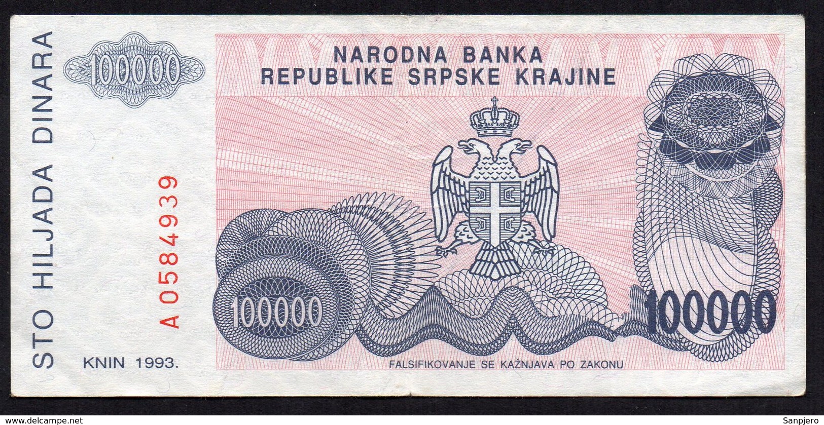 CROATIA OCUPATION 1993. SRPSKA KRAJINA 100.000 Dinara - Croatia