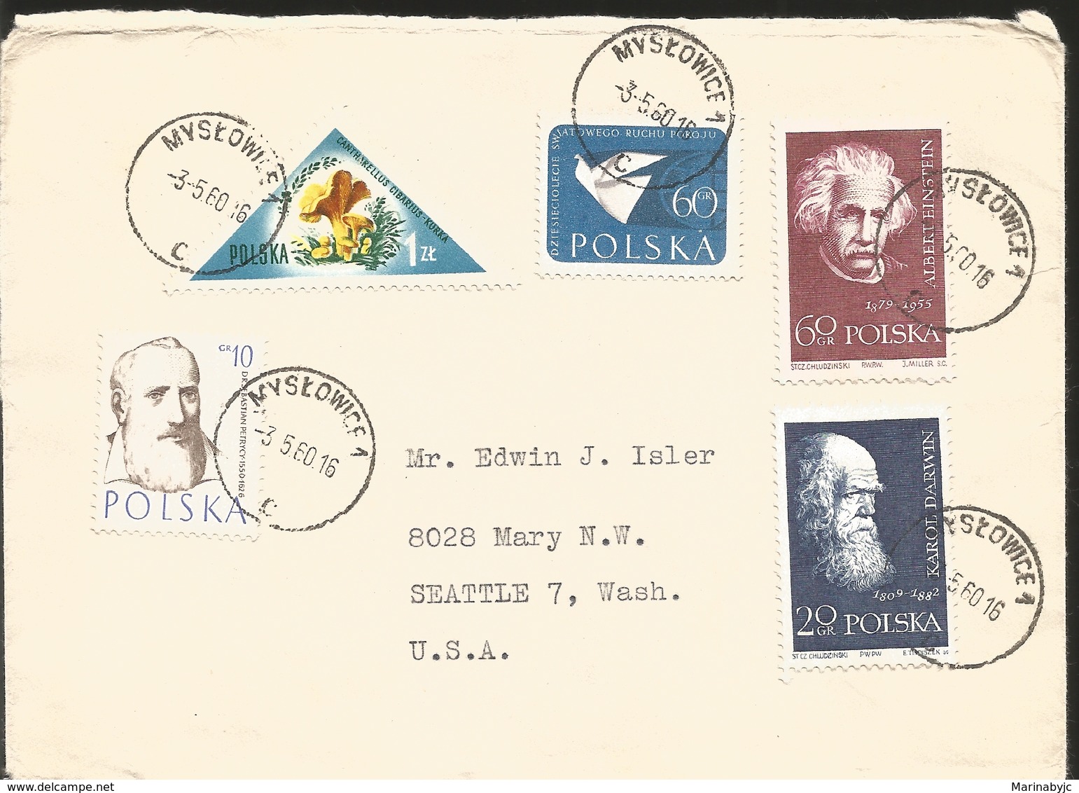 J) 1960 POLAND, ALBERT EINSTEIN, CHARLES DARWIIN, MUSHROOMS, TRIANGLE, MULTIPLE STAMPS, AIRMAIL, CIRCULATED COVER, FROM - Covers & Documents