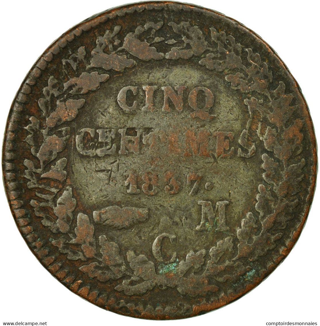 Monnaie, Monaco, Honore V, 5 Centimes, Cinq, 1837, Monaco, B+, Cuivre - Charles III.