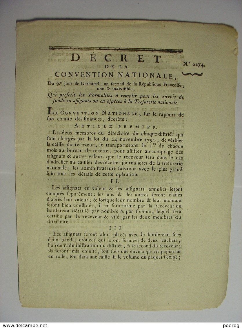 DECRET CONVENTION NATIONALE 29 MARS 1794 - FORMALITES ENVOIS ASSIGNATS OU ESPECES TRESORERIE - IMPRIMERIE DELCROS - Décrets & Lois