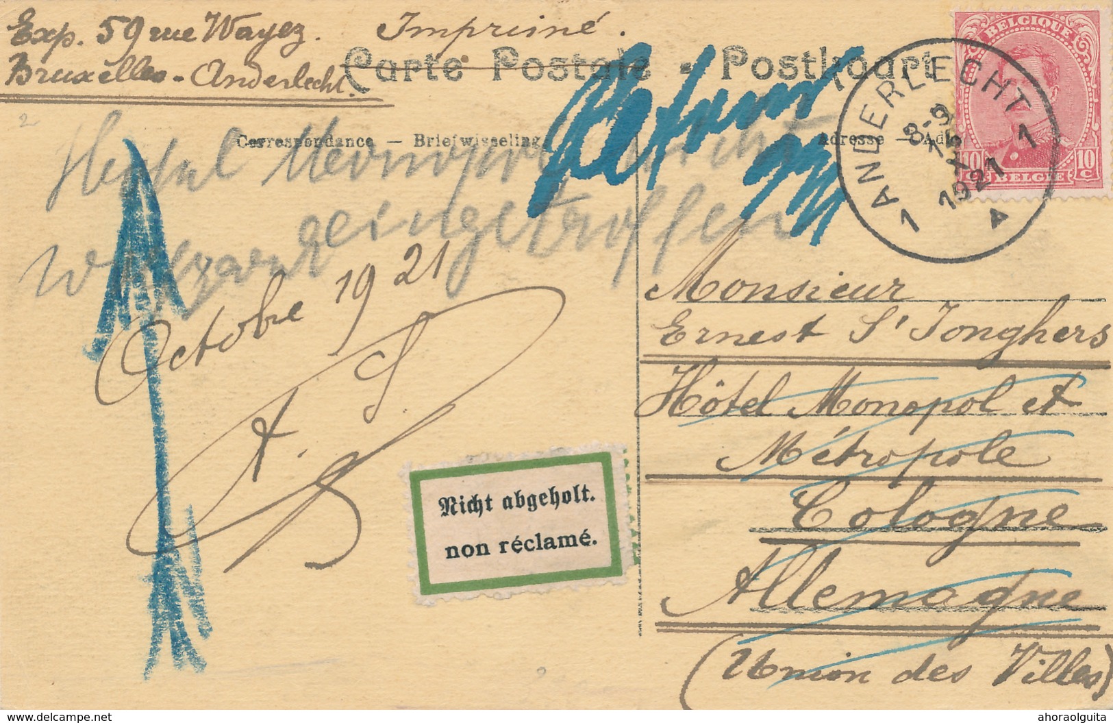 440/27 - Carte-Vue TP Petit Albert ANDERLECHT 1921 Vers COLOGNE , Allemagne - Etiquette Non Réclamé Et RETOUR - 1915-1920 Albert I.