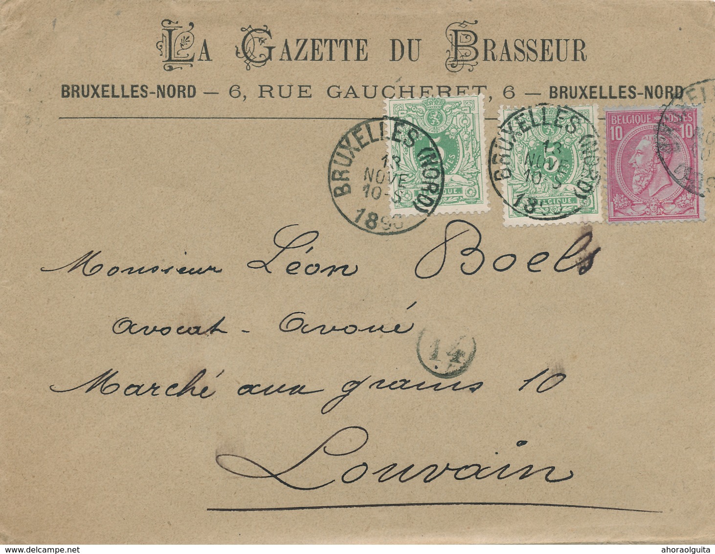 443/27 - BELGIQUE - Lettre TP 45 X 2 Et 46 (Double Port) BRUXELLES 1890 - Belle Entete La Gazette Du Brasseur - Birre