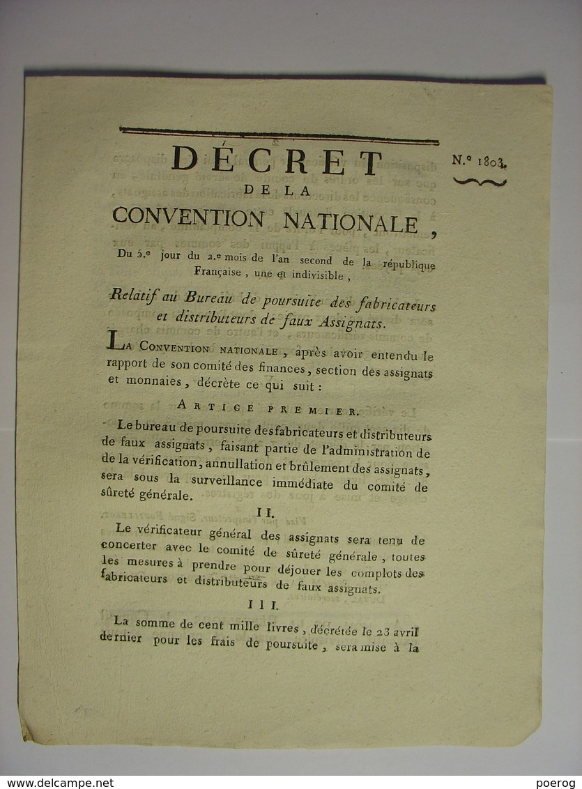 DECRET CONVENTION NATIONALE 26 OCTOBRE 1793 - CONTREFACON ASSIGNATS - IMPRIMERIE LIMET CLERMONT FERRAND - Décrets & Lois