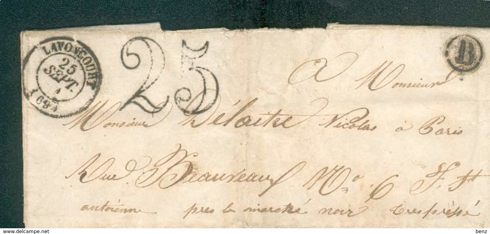 FRANCE LETTRE SANS TIMBRE TAXE DOUBLE TRAIT 25C + D LAVONCOURT 25 SEPT 1851 POUR PARIS TB - Autres & Non Classés