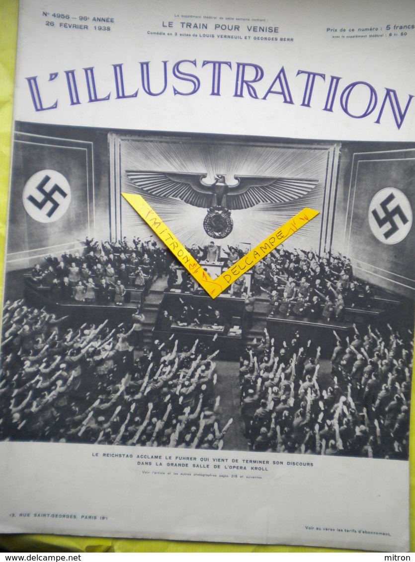 L'ILLUSTRATION No 4956- 26 Février 1938. Le Reichstag Acclame Hitler. Les Démolisseurs De Vitry-le-François. Le Pasteur. - 1900 - 1949