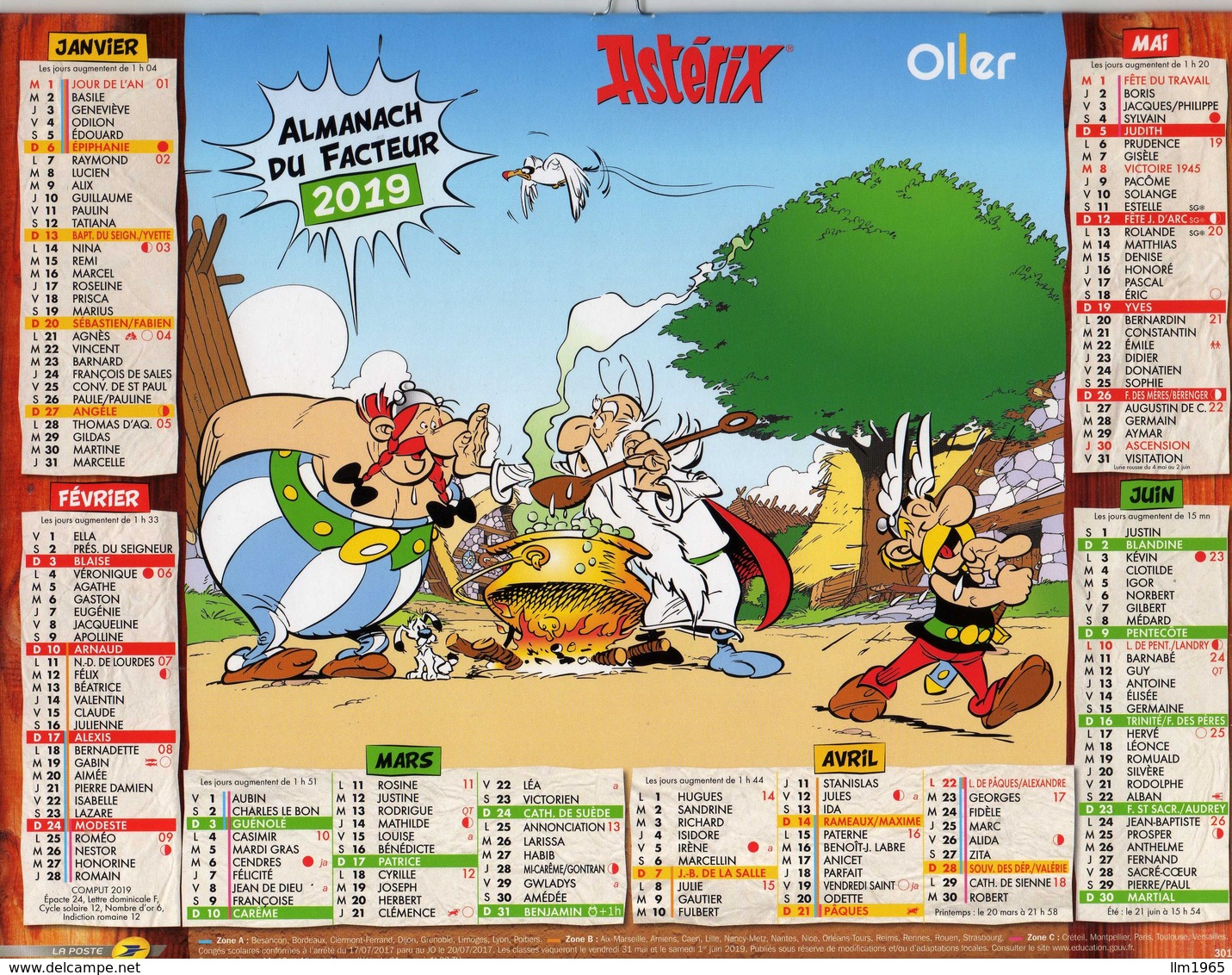 Calendrier Oller Almanach La Poste PTT 2019 Astérix - Petit Format : 2001-...