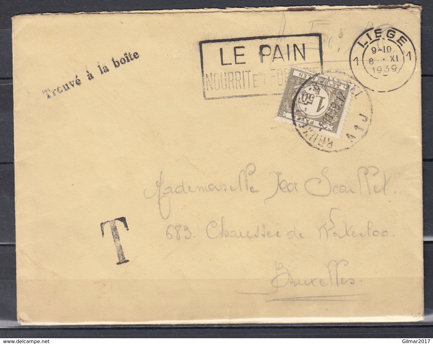 Brief Van Liege Naar Bruxelles Met Taksstempel Trouve A La Boite Le Pain Nourrit Et Fortifie - Lettres & Documents