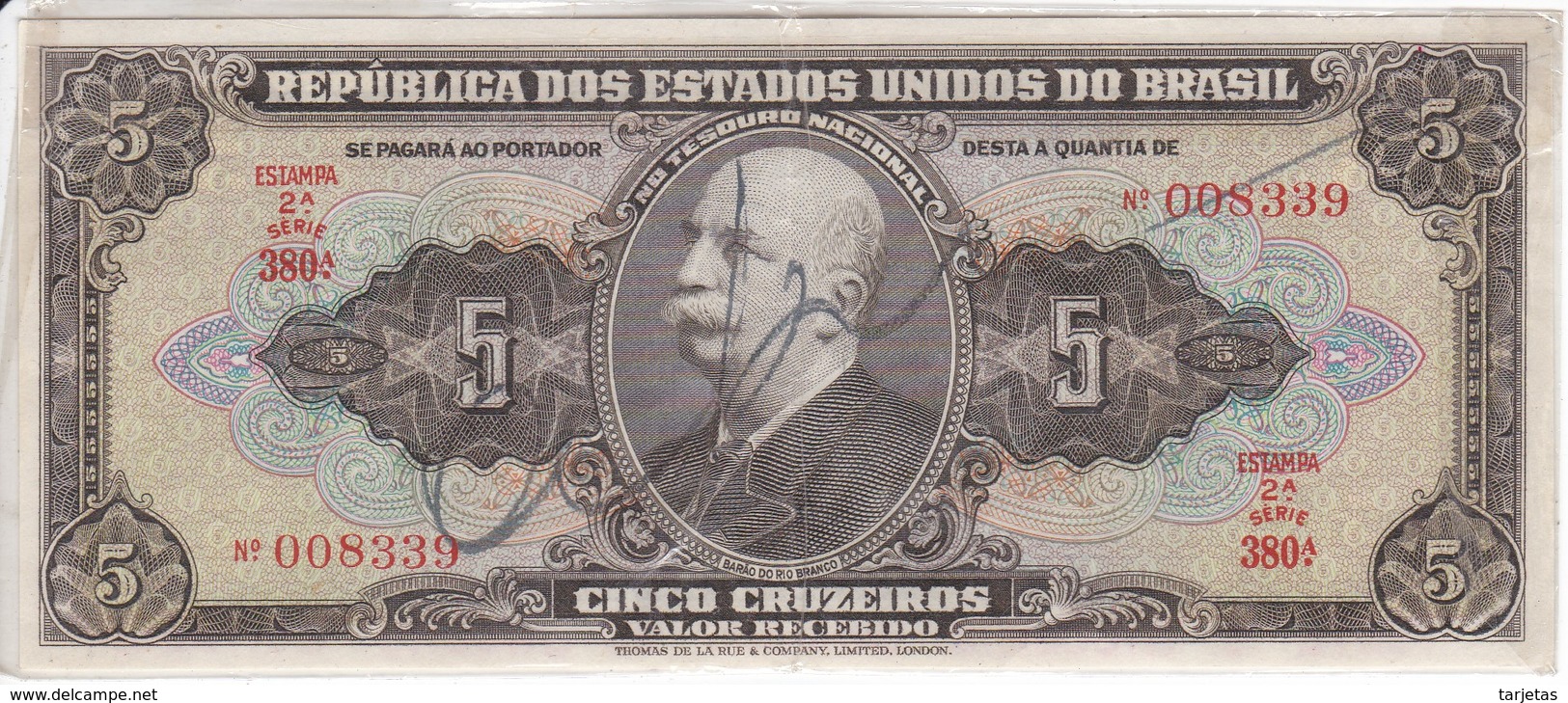 BILLETE DE BRASIL DE 5 CRUZEIROS DEL AÑO 1950 CON PUBLICIDAD DE BREVE CINE ROMA DE SAO PAULO (MUY RARO) - Brasil