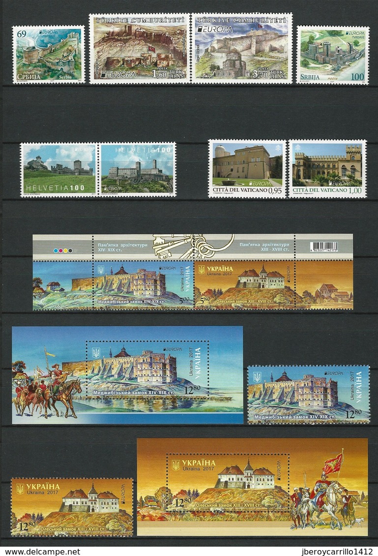 EUROPE 2017 -TEMA "CASTILLOS - CHATEAUX - CASTLES - SCHLÖSSER".- COLLECTION TRES COMPLETE de TIMBRES et FEUILLES BLOC