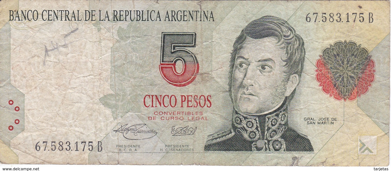 BILLETE DE ARGENTINA DE 5 PESOS CONVERTIBLES - JOSE DE SAN MARTIN (BANKNOTE) - Argentina