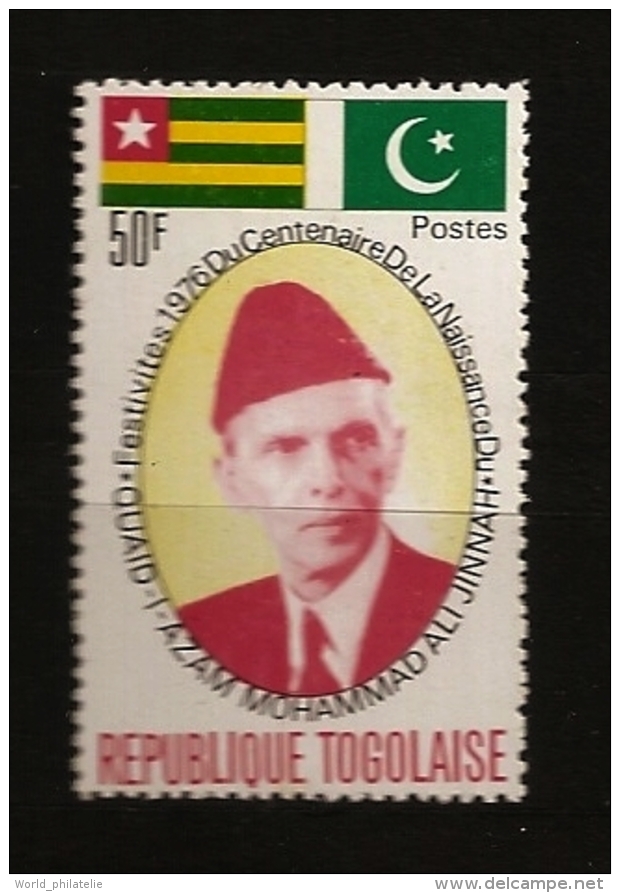 Togo 1976 N° 883 ** Quaid-I-Azam Mohammad Ali Jinnah, Politique, Pakistan, Avocat, Musulman, Inde, Hindou, Lahore - Togo (1960-...)